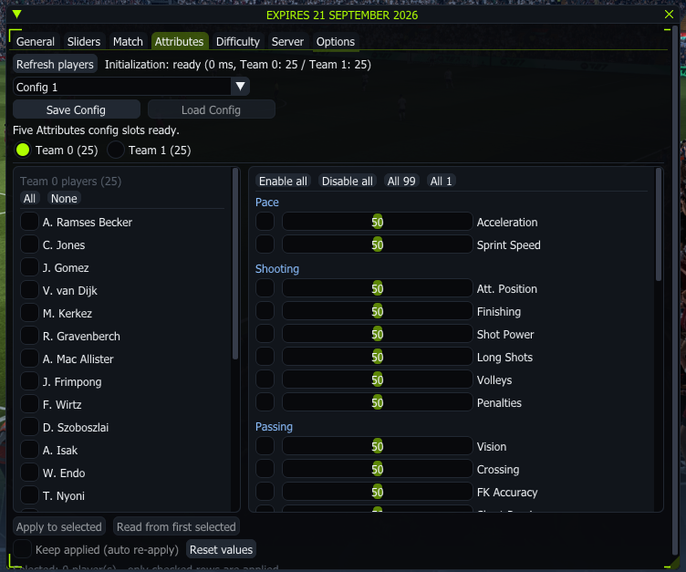 FC27 PXILOK Attributes menu showing team selection, All 99 and All 1 presets, and individual attribute values