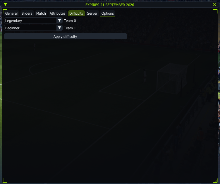 FC27 PXILOK Difficulty menu showing separate Team 0 and Team 1 difficulty selectors