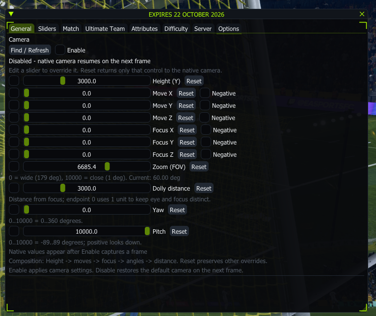 FC27 PXILOK General menu showing camera height, position, focus, zoom and angle controls
