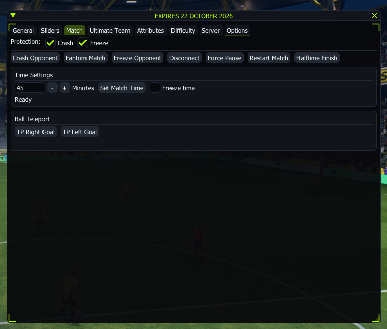 FC27 PXILOK Match menu showing match actions, crash and freeze protection, time settings and Ball Teleport
