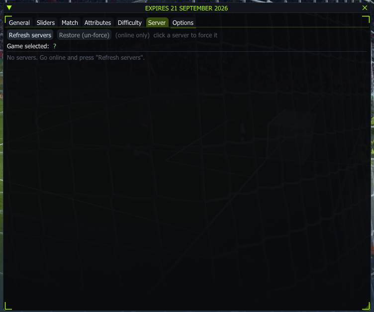 FC27 PXILOK Server menu showing refresh, restore and game-selected server controls