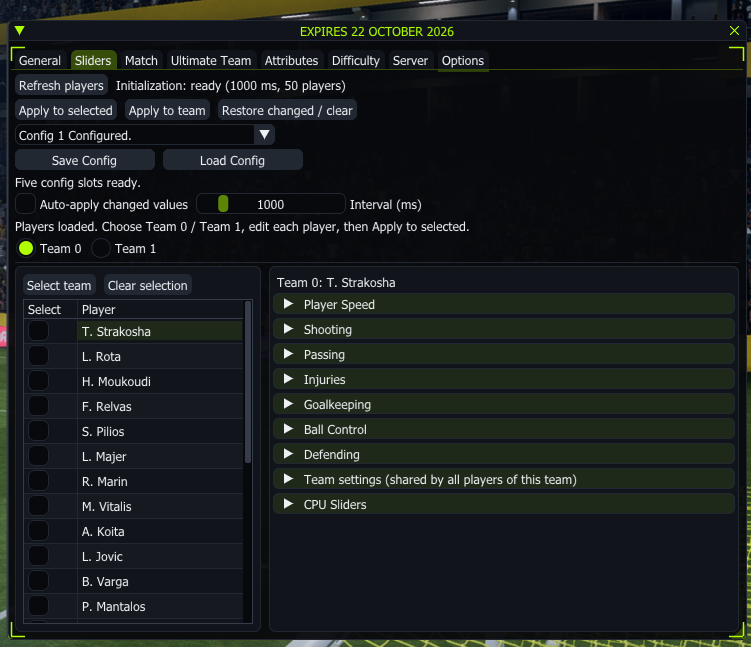 FC27 PXILOK Sliders menu showing player selection, team settings, CPU sliders and saved configs