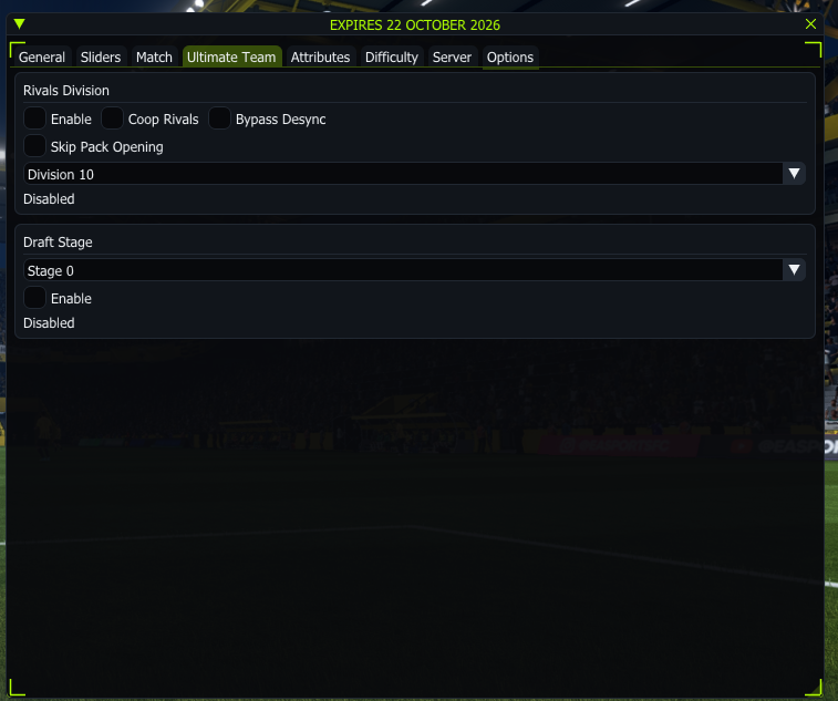FC27 PXILOK Ultimate Team menu showing Rivals Division, Coop Rivals, Bypass Desync, Skip Pack Opening and Draft Stage